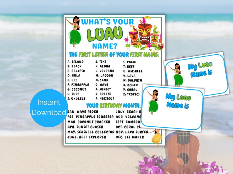 What's Your Luau Name Game + Name Tags, Hawaiian Party Game, Tropical ...