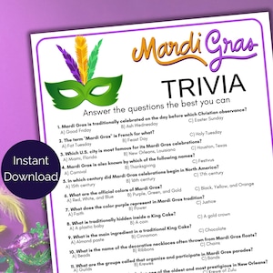 Mardi Gras Trivia Game, Mardi Gras Quiz, Mardi Gras Party Games, Fat Tuesday Party Games, Mardi Gras Printable for kids & adults, Pub Trivia