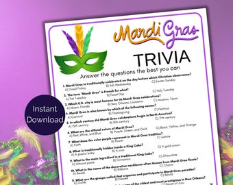 Mardi Gras Trivia Game, Mardi Gras Quiz, Mardi Gras Party Games, Fat Tuesday Party Games, Mardi Gras Printable for kids & adults, Pub Trivia