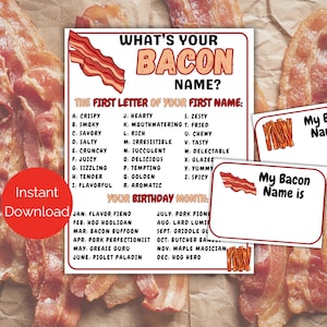 Juego de nombre Cuál es tu tocino + Etiquetas de nombre, Juego del Día Nacional del Tocino, Imprimible de tocino, Juego de brunch, Juego de tocino para niños o adultos