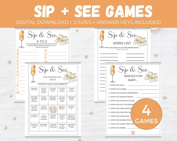 Sip and See Game Bundle, 4 Printable Sip & See Party Games, Meet and Greet the New Baby Games, Minimalist Couples Baby Shower Games