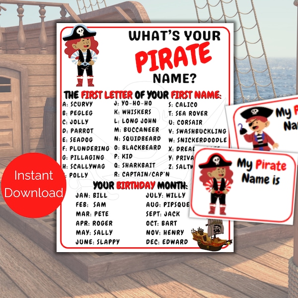 What's Your Pirate Name Game + Name Tags, Pirate Birthday Party Game, Pirate Party Games for Kids