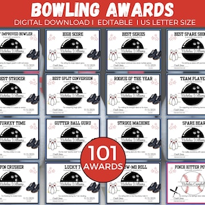 Puede incluir: Una colección de premios de bolos con títulos como "Jugador más mejorado" y "Mayor puntuación". Cada premio presenta un gráfico de bola de bolos, un nombre y una fecha. Los premios están diseñados para descarga digital y tienen el tamaño US Letter.