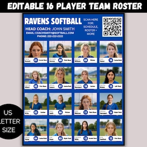Editable 16 Player Team Roster Template, Customizable Travel Team Roster, Any Sport Canva Template, Softball Team Roster, College Recruiting