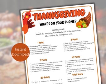 Thanksgiving Was ist auf Ihrem Telefon, druckbares Thanksgiving-Partyspiel für Jugendliche + Erwachsene, Thanksgiving-Spiel für Gruppen, Thanksgiving-Aktivitäten