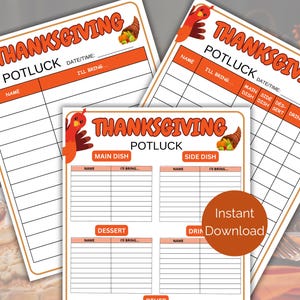 Puede incluir: Hoja de inscripción para un potluck de Acción de Gracias imprimible con una ilustración de pavo. La hoja está dividida en secciones para el plato principal, el acompañamiento, el postre y las bebidas. Incluye espacio para los nombres y lo que cada persona traerá.