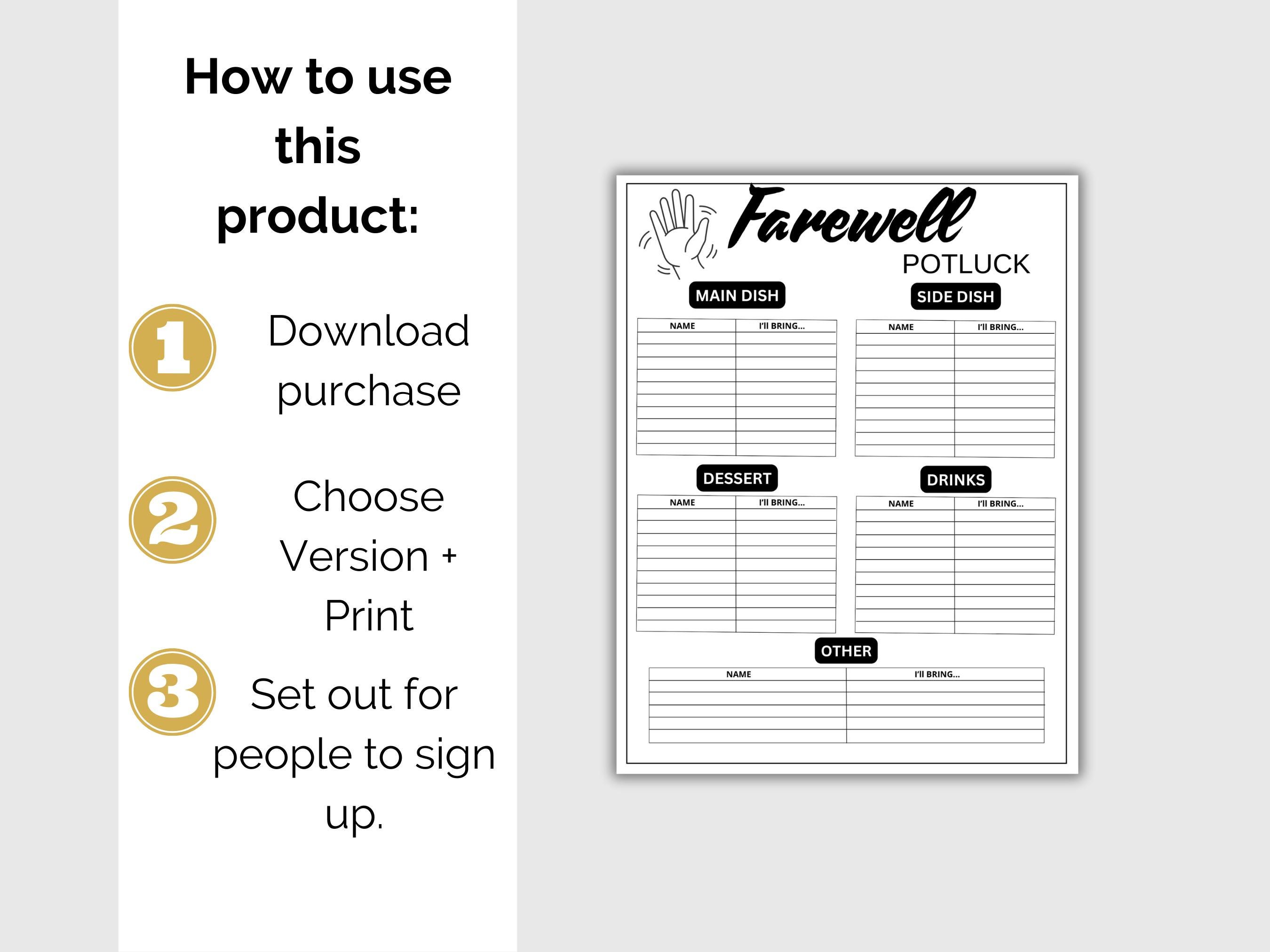 Farewell Potluck Sign up Sheet, Printable Going Away Party Potluck Sign