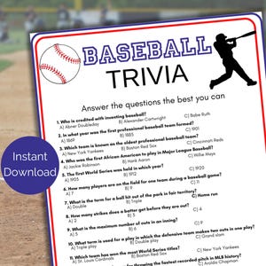 Gioco di quiz sul baseball, giochi di squadra di baseball stampabili, baseball stampabile per bambini e adulti, gioco di compleanno di baseball, quiz sportivi