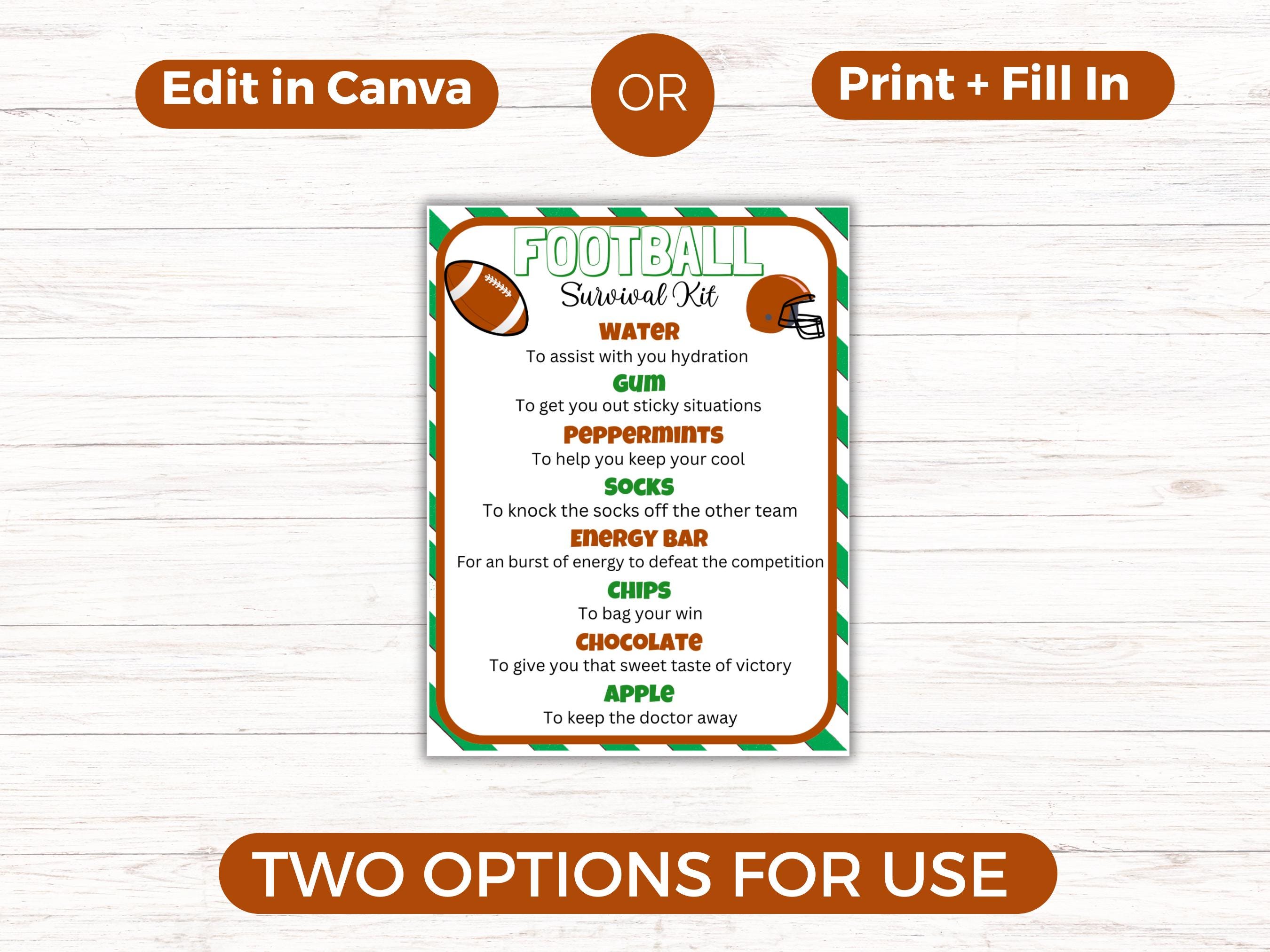 Editable Football Survival Kit Gift Tag Template, Football Player Gift ...