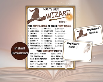 What&#39;s Your Wizard Name Game + Name Tags, Wizard Birthday Game, Wizard Printable, Magical Party Activity