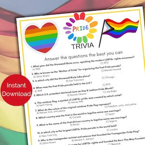 May include: A Pride trivia game with a rainbow heart, a flower with the word "PRIDE", and a rainbow flag. The game includes questions about LGBTQ+ history and is available for instant download.
