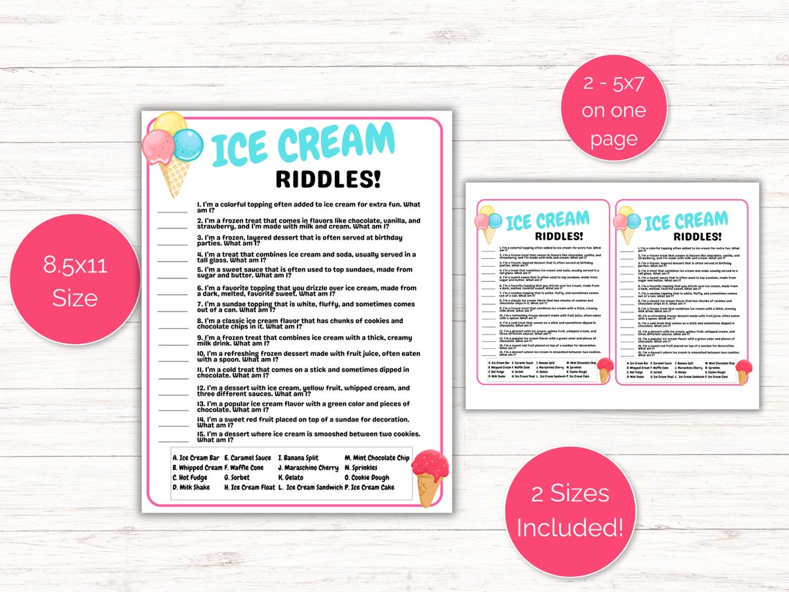 Ice Cream Riddles, Ice Cream Social Game, Ice Cream Birthday Activity