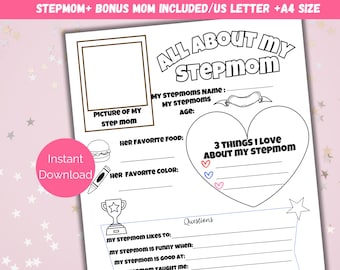 All About My Step Mom, Bonus Mom Interview, Mothers Day Gift, Mothers Day Questionnaire, Kids Gift For Step Mom, All About My Mom Printable