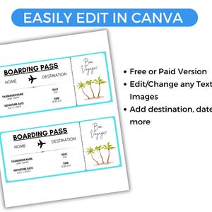 May include: Two boarding pass templates with a light blue border, featuring text fields for passenger details and destination. The design includes a small airplane icon and a watercolor illustration of palm trees. The text "Bon Voyage" is also included.