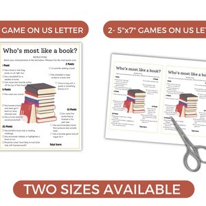 May include: Two printed game sheets titled "Who's most like a book?" are displayed. One sheet is a single game on US Letter size, and the other shows two 5"x7" games. The games feature instructions and point values.