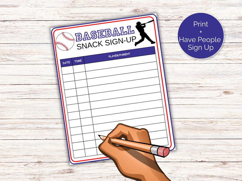 Baseball Snack Sign up Sheet, Printable Baseball Snack Schedule ...
