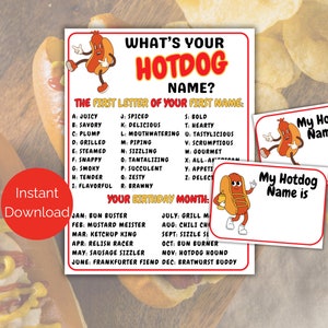 Was ist Ihr Hot Dog Namensspiel + Namensschilder, Hot Dog Party Spiel, Sommer BBQ oder Kochparty, National Hot Dog Day Spiel für Kinder oder Erwachsene
