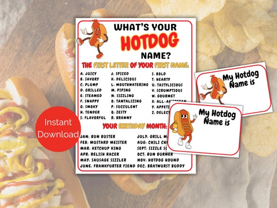 What's Your Hot Dog Name Game + Name Tags, Hot dog party game, Summer BBQ or Cookout Activity, National Hot Dog Day Game for kids or adults