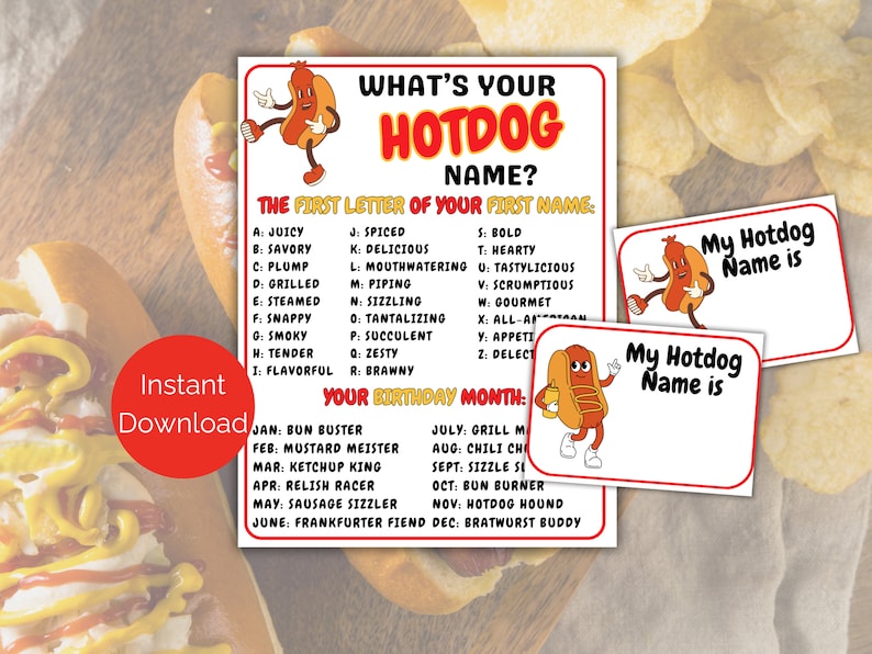 What's Your Hot Dog Name Game + Name Tags, Hot dog party game, Summer BBQ or Cookout Activity, National Hot Dog Day Game for kids or adults image 1