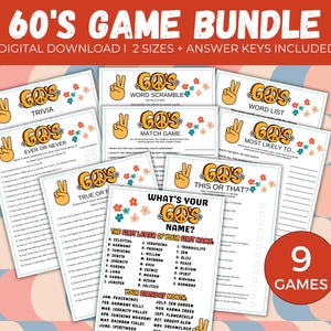 60s Party Game Bundle, 9 60s Party Activities, 60&#39;s Party Games, 1960s Birthday Party Games, 60s Trivia Game, 60s Theme Party Games