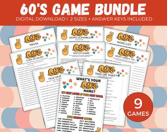 60s Party Game Bundle, 9 60s Party Activities, 60's Party Games, 1960s Birthday Party Games, 60s Trivia Game, 60s Theme Party Games