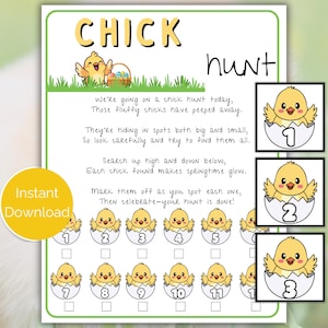 Op de afbeelding: Een printbaar Paas-thema spel met de titel "CHICK hunt". Het spel bevat illustraties van kuikens in eieren, een gedicht en genummerde vakjes om af te vinken. Een gele "Instant Download" sticker is zichtbaar.