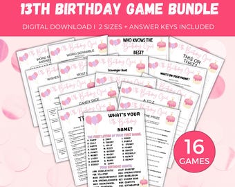 Paquete de juegos para 13.º cumpleaños, 16 juegos imprimibles para fiestas de 13.º cumpleaños, juegos para 13.º cumpleaños, juego para 13.º cumpleaños, juego para preadolescentes