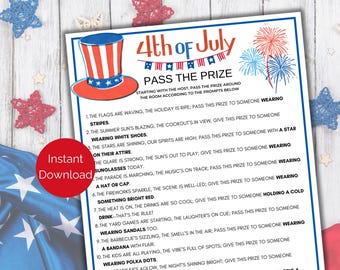 July 4th Pass The Prize, Printable 4th of July Pass the Parcel Game, Patriotic Party Game, Pass the Gift Poem, Independence Day Game