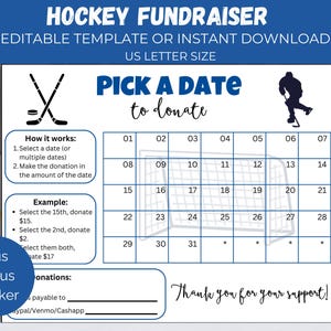 Editable Hockey Pick A Date, Hockey Fundraiser Calendar, Travel Hockey Sponsor My Season Fundraiser, Hockey Team Fundraising Form