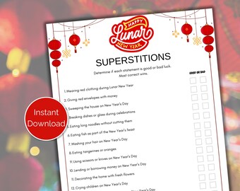 Lunar New Year Superstitions Game, Lunar New Year Trivia, Printable Chinese New Year Party Game for kids + adults, Lunar New Year Party Game