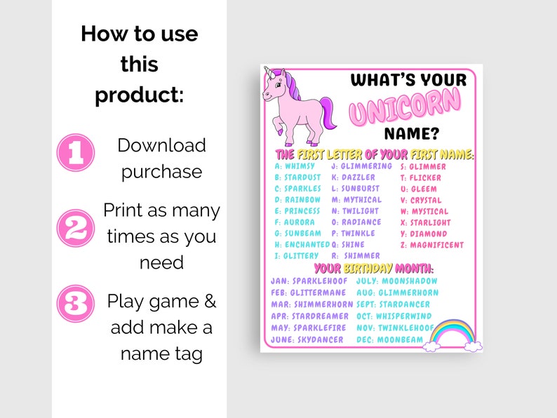 What's Your Unicorn Name Game + Name Tags, Unicorn Birthday Party Game ...