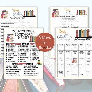 May include: A bundle of four printable Book Club games. The games include a "Pass the Prize" game, a "This or That?" game, a "What's Your Bookworm Name?" game, and a "Find Someone Who... BINGO!" game. Each game features a book-themed design.