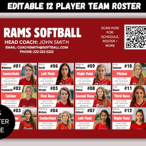 Editable 12 Player Team Roster Template, Customizable Travel Team Roster, Any Sport Canva Template, Softball Team Roster, Basketball Roster