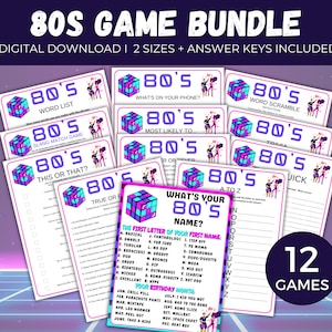 80s Party Game Bundle, 12 Printable 80s Activities, 80s Games for kids + adults, 80s Birthday Party Games, 1980s Games, 80s Trivia,80 Theme