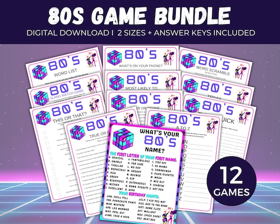 80s Party Game Bundle, 12 Printable 80s Activities, 80s Games for