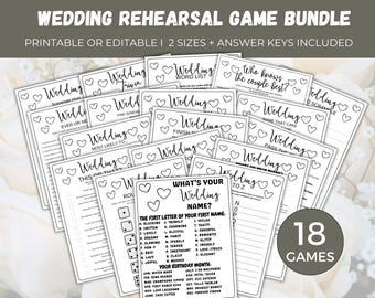 May include: A collection of 18 printable wedding rehearsal games. The black and white game cards feature heart designs and various game titles, including trivia, word list, and scavenger hunt. The text "Wedding Rehearsal Game Bundle" is at the top.