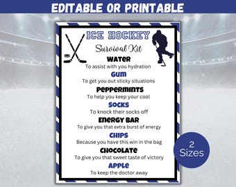 Editable Hockey Survival Kit Gift Tag Template, Ice Hockey Player Gift, Hockey Team Gift, Hockey Team Treats, Hockey Gift Tags, Hockey Mom