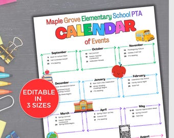 Modello di volantino modificabile per il calendario degli eventi PTA PTO, volantino del calendario degli eventi scolastici, date degli eventi mensili PTA, calendario mensile per la scuola