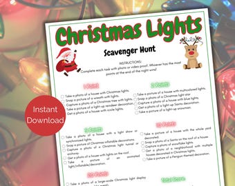 Christmas Lights Scavenger Hunt, Printable Christmas Activity for Kids + Families, Photo Scavenger Hunt, Holiday Party Game for Groups
