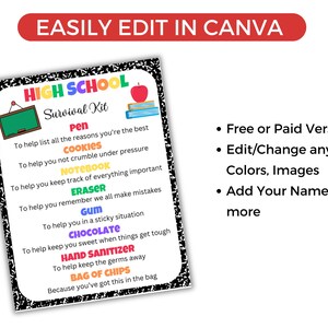 May include: A printable high school survival kit checklist with a black and white notebook paper background. The checklist includes items like a pen, cookies, notebook, eraser, gum, chocolate, hand sanitizer, and a bag of chips. The text reads "High School Survival Kit" and "Because you've got this in the bag".