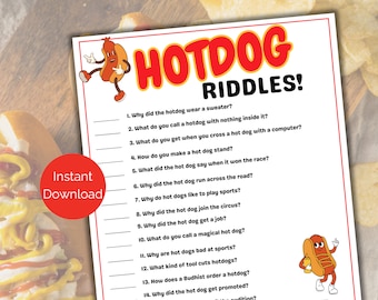 Hot Dog Riddles, Hot Dog Jokes, Hot Dog Party Game, Summer Party Activity for kids or adults, Hot Dog Printable, National Hot Dog Day Game
