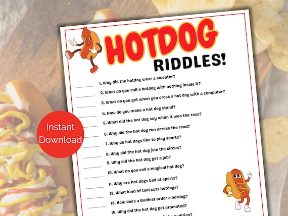 Hot Dog Riddles, Hot Dog Jokes, Hot Dog Party Game, Summer Party Activity for kids or adults, Hot Dog Printable, National Hot Dog Day Game