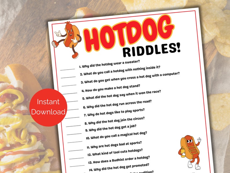 Puede incluir: Una hoja de trabajo imprimible con 14 acertijos de hot dogs. La hoja de trabajo presenta un hot dog de dibujos animados con un su&eacute;ter y un bate de b&eacute;isbol. El texto "HOTDOG RIDDLES!" est&aacute; en letras rojas y blancas. La hoja de trabajo se titula "Descarga instant&aacute;nea".