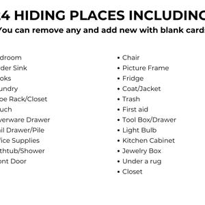 May include: White background with the text "24 HIDING PLACES INCLUDING:" and a list of hiding spots like "Bedroom", "Under Sink", and "Closet". The text also mentions the ability to add new hiding spots.