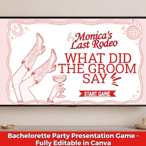 May include: A digital presentation screen displays a bachelorette party game. The game is titled "Monica's Last Rodeo" with the question "What Did The Groom Say?" and features illustrations of cowboy boots and a champagne glass.