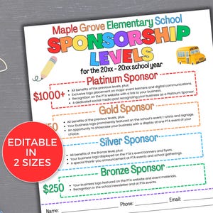 EDITABLE PTO/PTA Sponsorship Levels Flyer Template, Pta Sponsorship Form Template, Pto Sponsorship Flyer, Pta Fundraiser Flyer