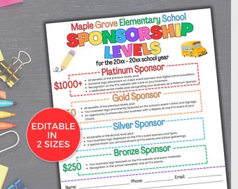 EDITABLE PTO/PTA Sponsorship Levels Flyer Template, Pta Sponsorship Form Template, Pto Sponsorship Flyer, Pta Fundraiser Flyer