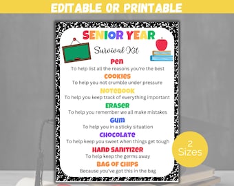 Editable Senior Year Survival Kit Gift Tags, Back To School Gift Tag, First Day of School Gift Tag, Student Survival Kit Template