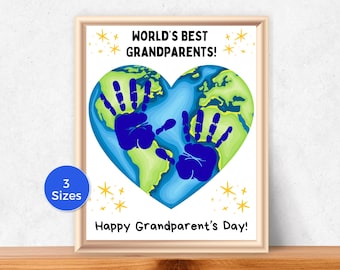 May include: Framed print with the text "WORLD'S BEST GRANDPARENTS!" and "Happy Grandparent's Day!". The artwork features a heart-shaped Earth with blue handprints. A blue circle indicates "3 Sizes".