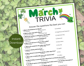 March Trivia Game, March Quiz, Printable Month Party Games for kids + adults, Calendar Trivia, Spring Trivia, Spring Activity for classroom